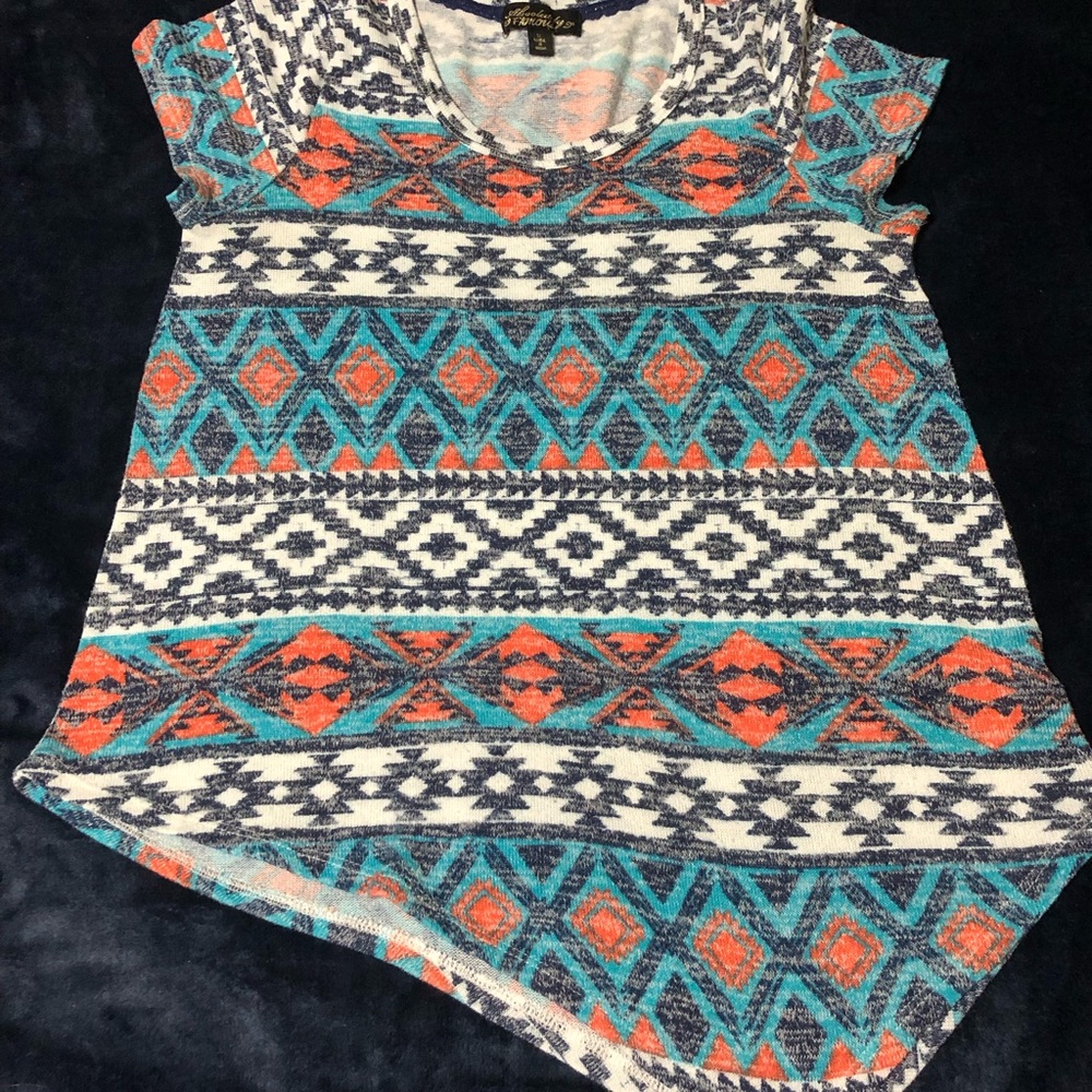 Absolutely Famous Blue & Orange Aztec Geometric Print T-Shirt